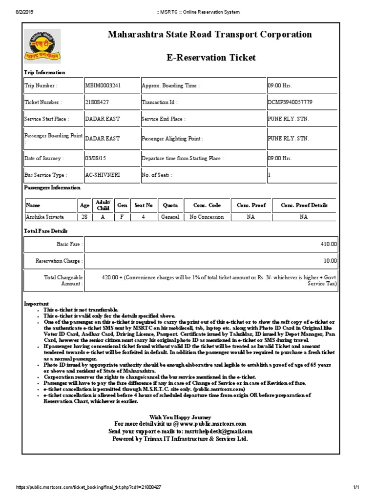 Shivneri Bus Reservation Details | PDF | Technology & Engineering