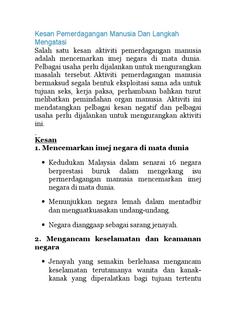 Kesan Pemerdagangan Manusia Dan Langkah Mengatasi