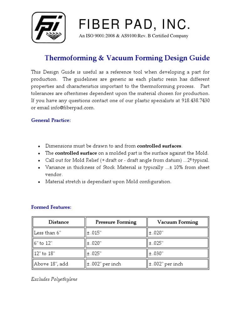 Fiber Pad, Inc. Thermoforming and Vacuum Forming Design Guide A