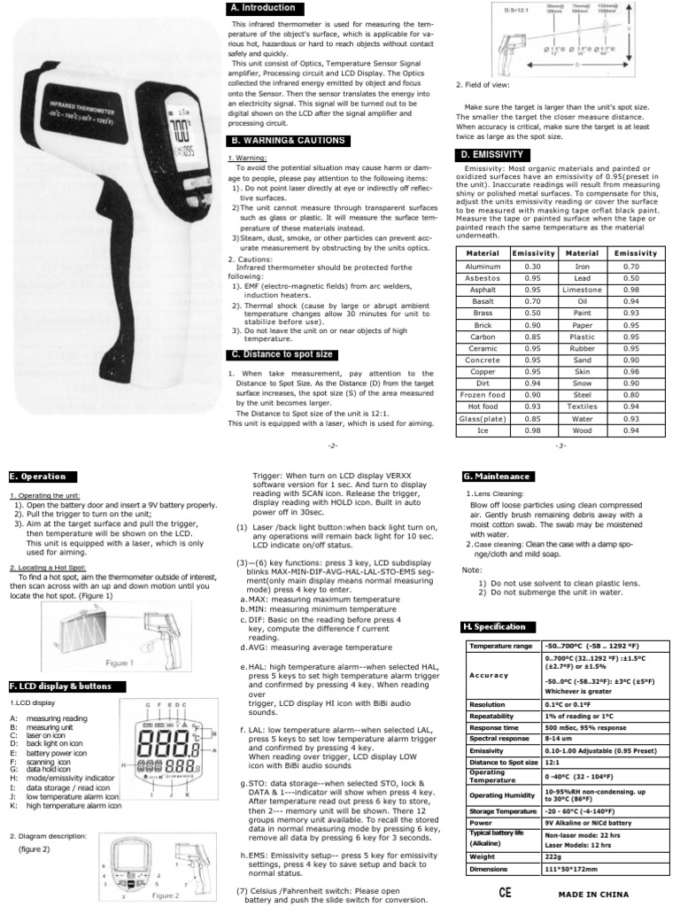 700En00 Infrared Thermometer Instruction Manual PDF Infrared Thermometer