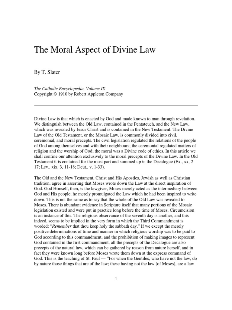 The Moral Aspect of Divine Law By T. Slater