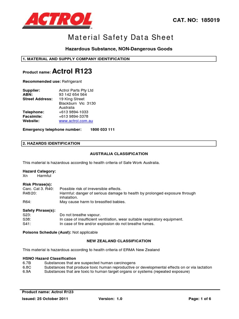Actrol R123 Safety Data Sheet | PDF | Dangerous Goods | Safety