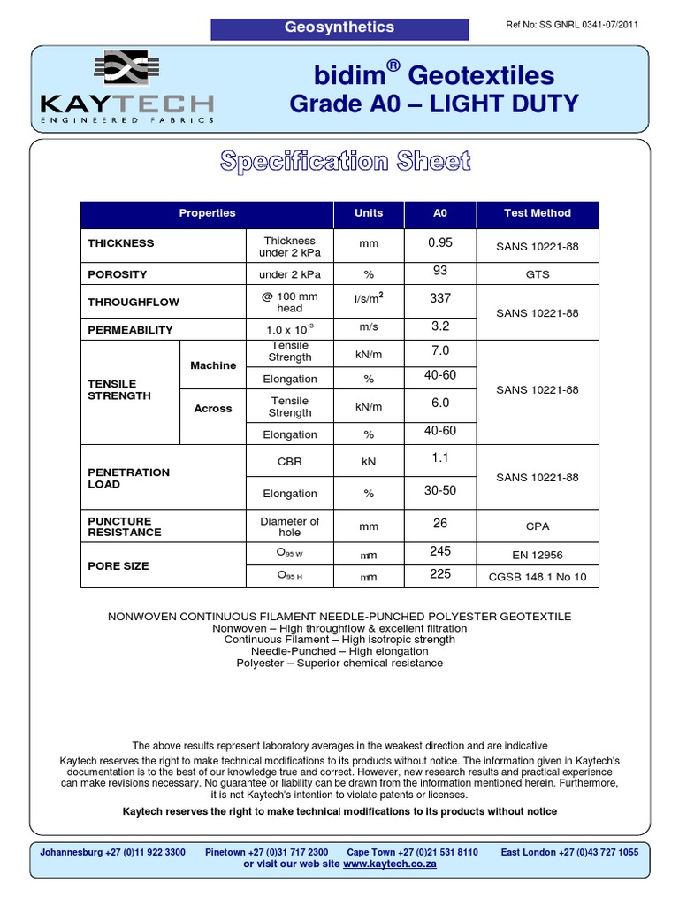 Bidim Geotextile Grade A0 Specifications | PDF