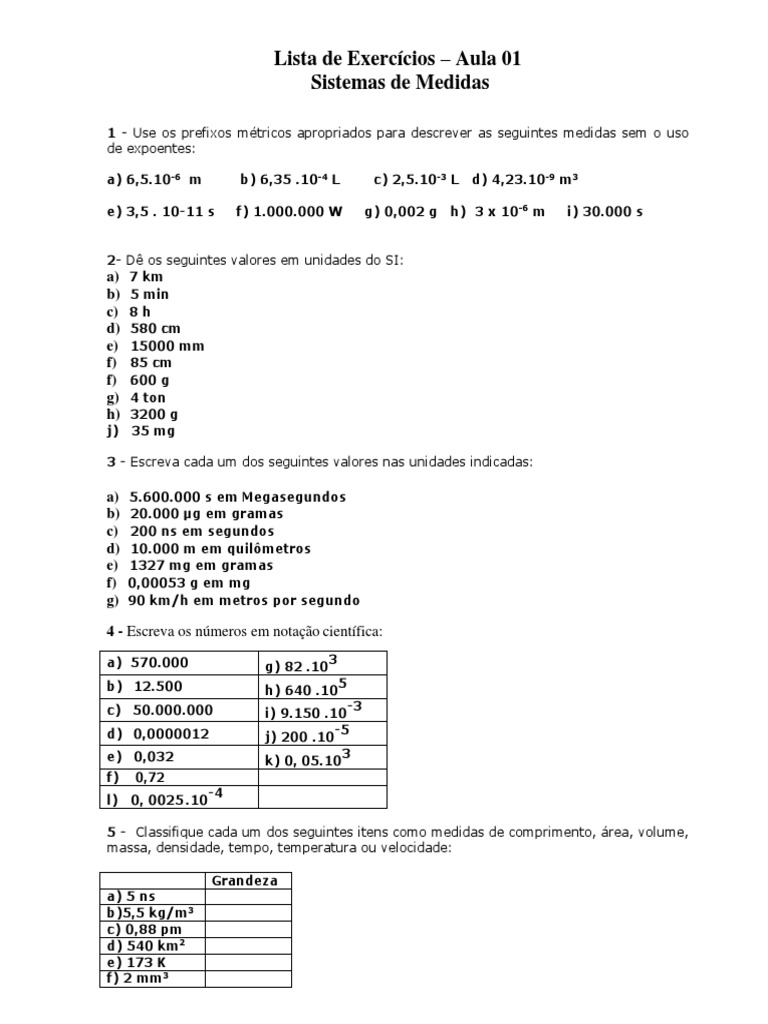 Lista de unidades de medida e notação científica, Esercizi Matematica