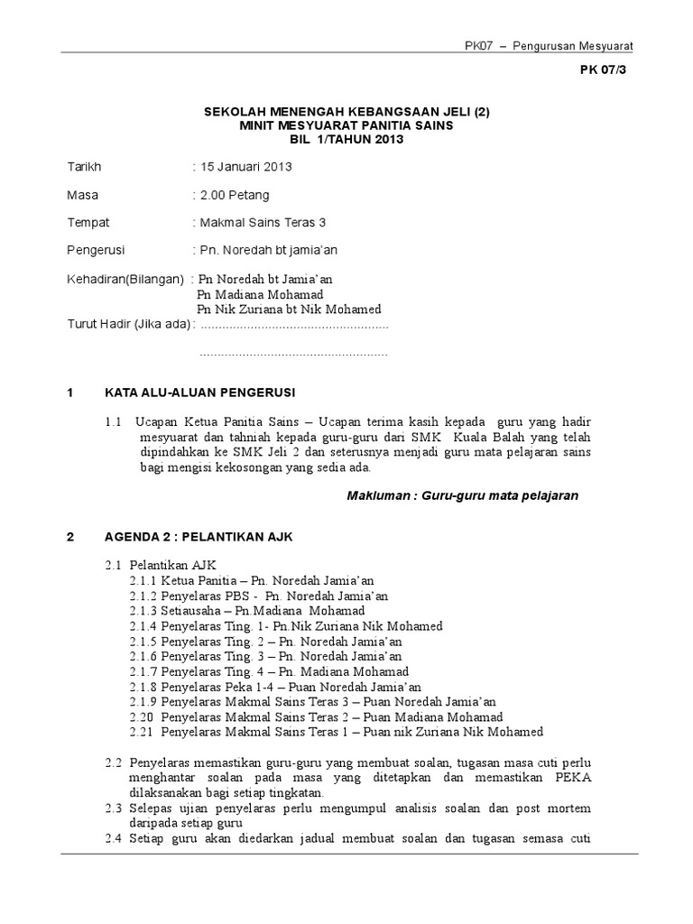 Minit Mesyuarat 1 Panitia Sains SMK Jeli 2 | PDF