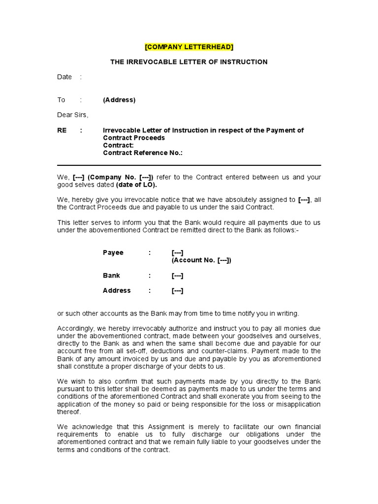 irrevocable letter of instruction | pdf | payments | banks