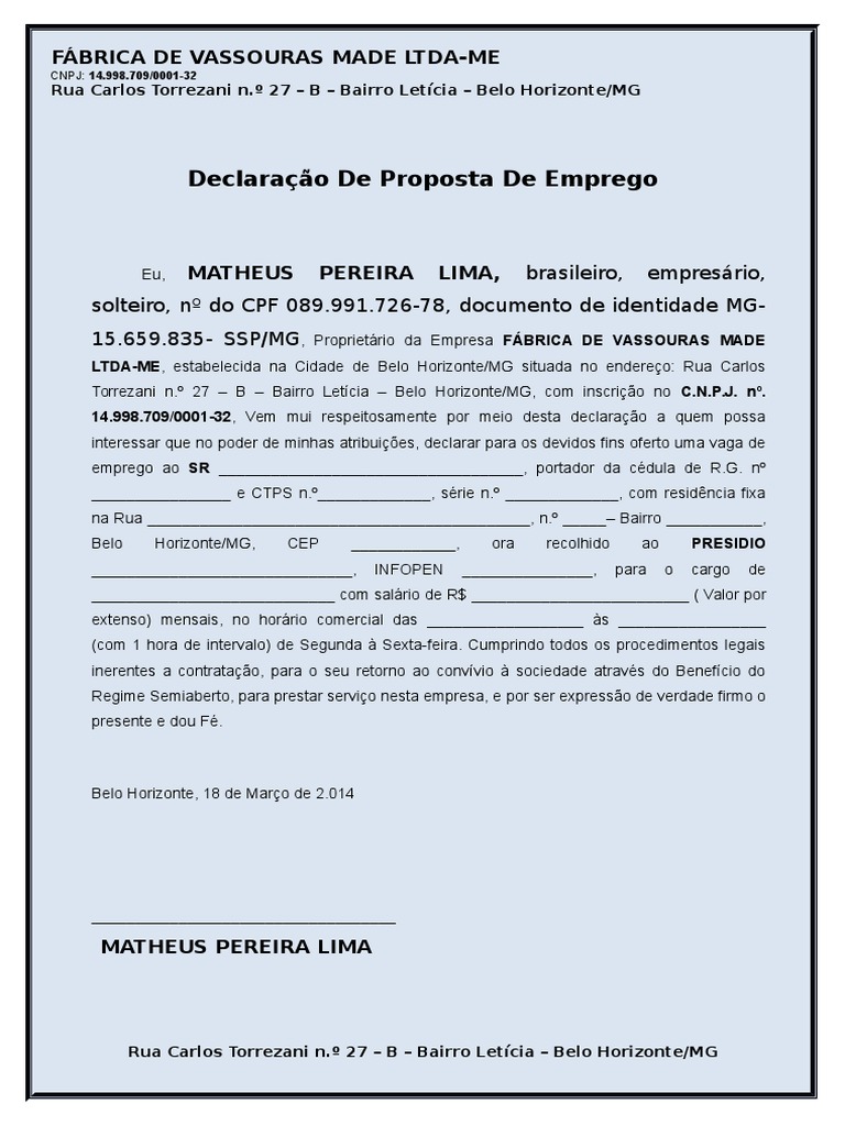 MODELO Declaração de Proposta de Emprego Presidiário