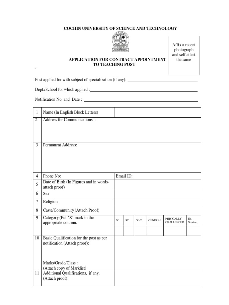 CUSAT Teaching Post Application Form | PDF