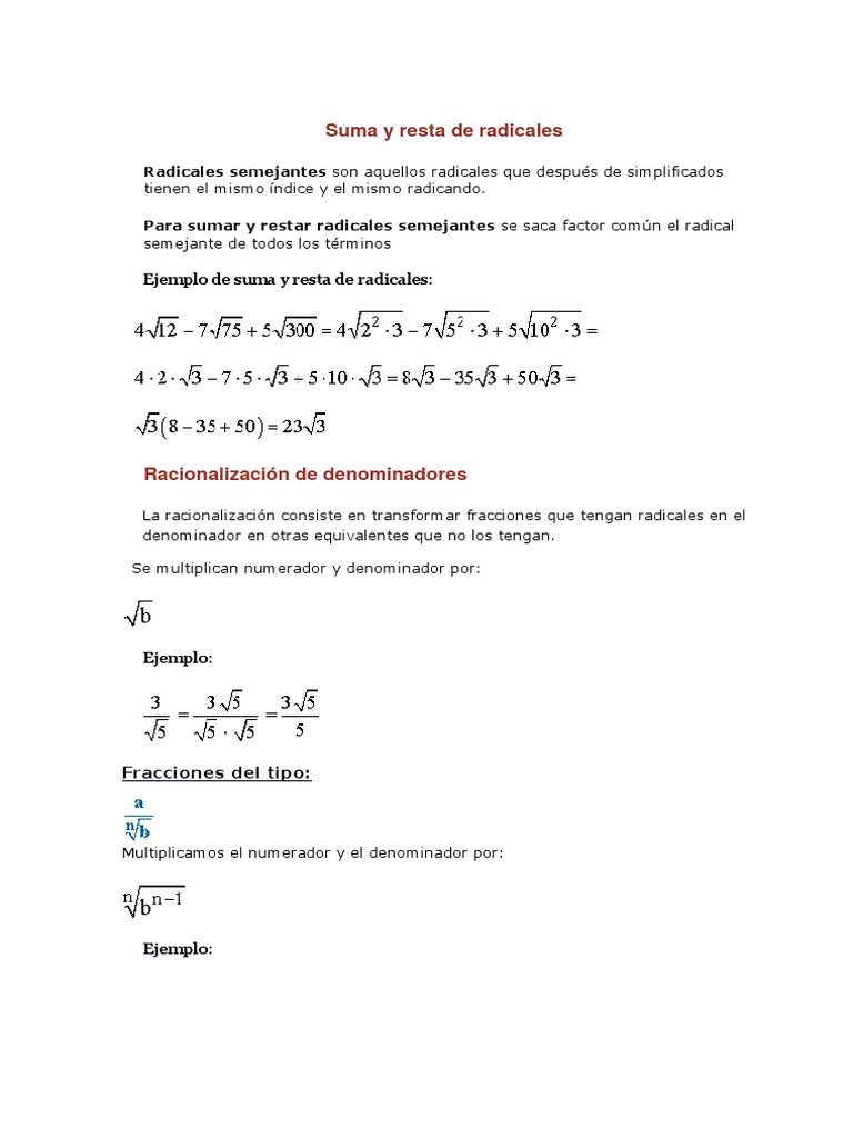 Suma Y Resta De Radicales Pdf