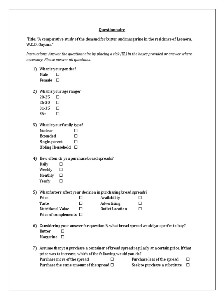 Economics Questionnaire PDF Demand Margarine