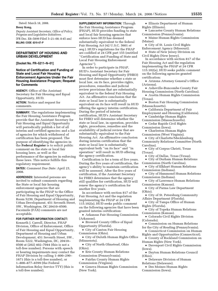 Notice: Certification and Funding of State and Local Fair Housing  Enforcement Agencies Request For Comments | PDF | Housing Discrimination  (United States) | County (United States)