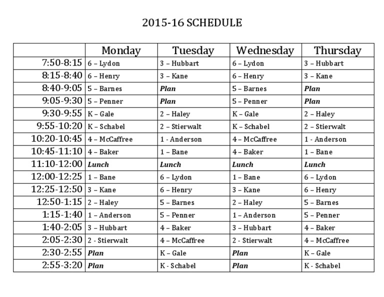 2015-16 Weekly Class Schedule | PDF