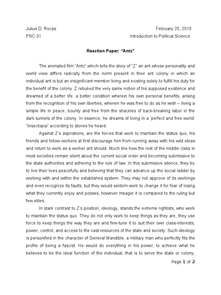 Reaction Paper: Antz | PDF | Ideologies | Political Theories