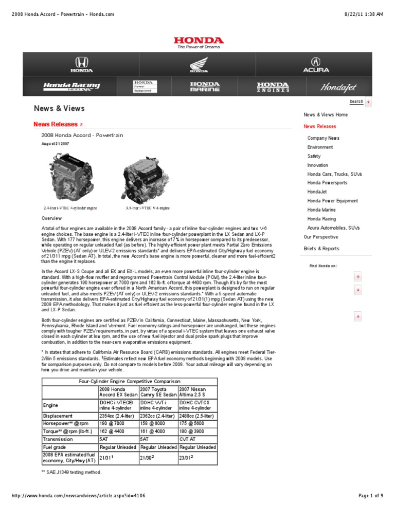 2008 Honda Accord Powertrain Honda PDF Transmission (Mechanics