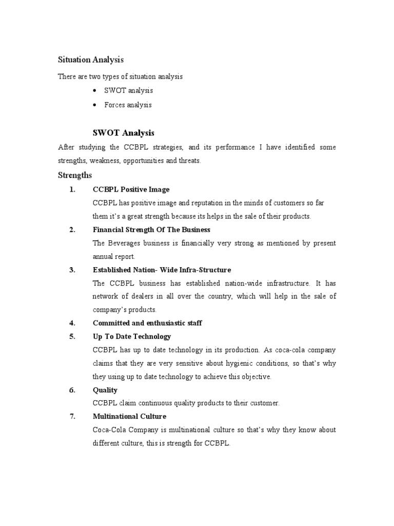 CCBPL SWOT and Forces Analysis Overview | PDF | Coca Cola | Swot Analysis