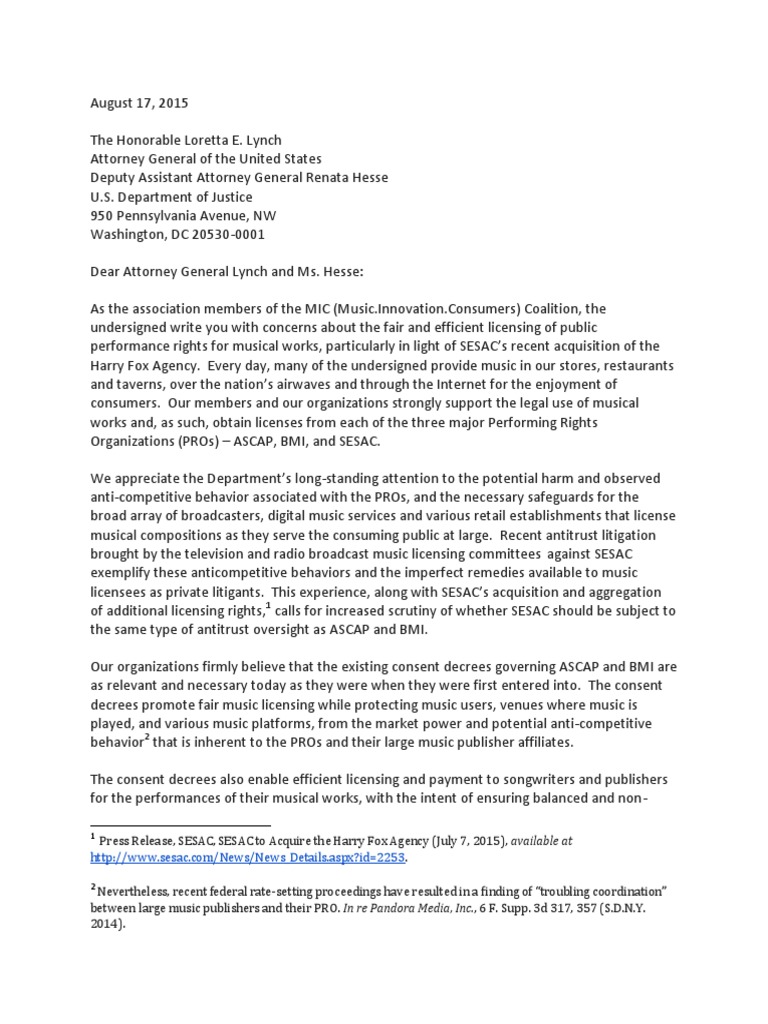 MIC Coalition Letter to DOJ | Consent Decree | Government