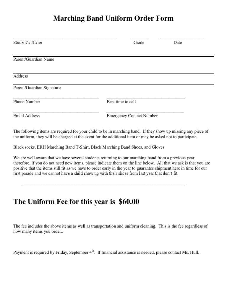 Marching Band Uniform Order Form | PDF | Wellness