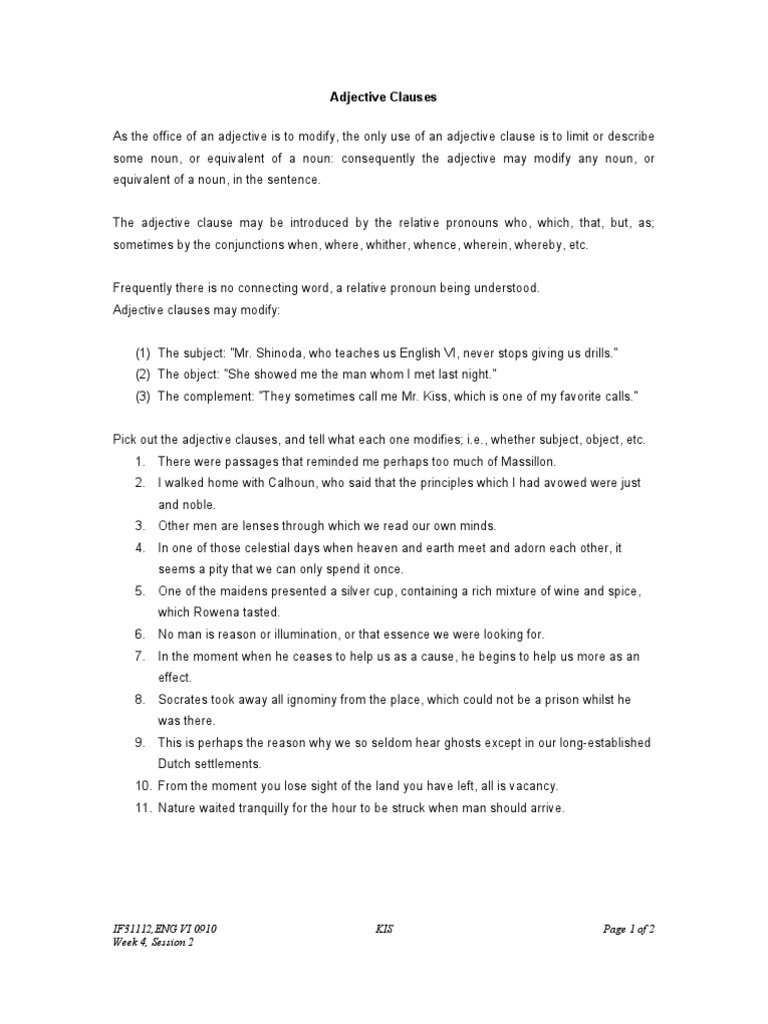 Adjective Clauses Exercises | Clause | Adjective