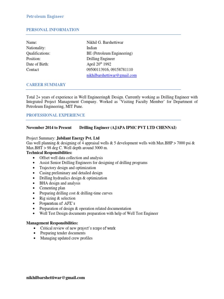Petroleum Engineering resume format Oil Well Fossil Fuels