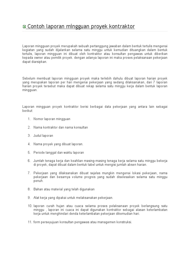 Contoh Laporan Mingguan Proyek Kontraktor