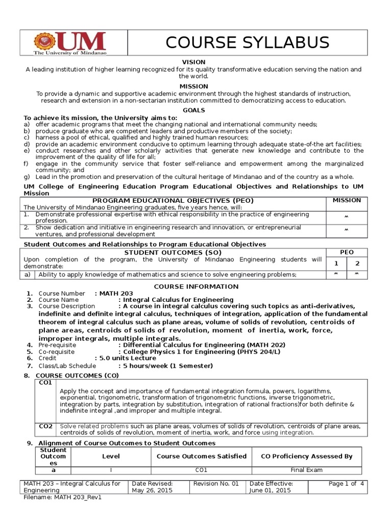 MATH 203: Integral Calculus Syllabus | PDF | Integral | Trigonometric ...