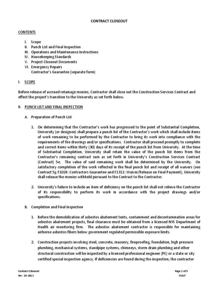 Contract Closeout Form PDF Housekeeping Industries