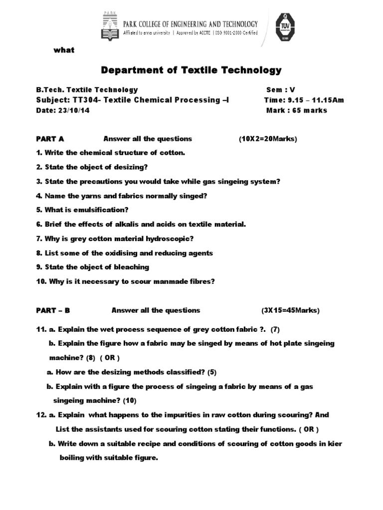 Textile Chemical Processing Exam Paper | PDF