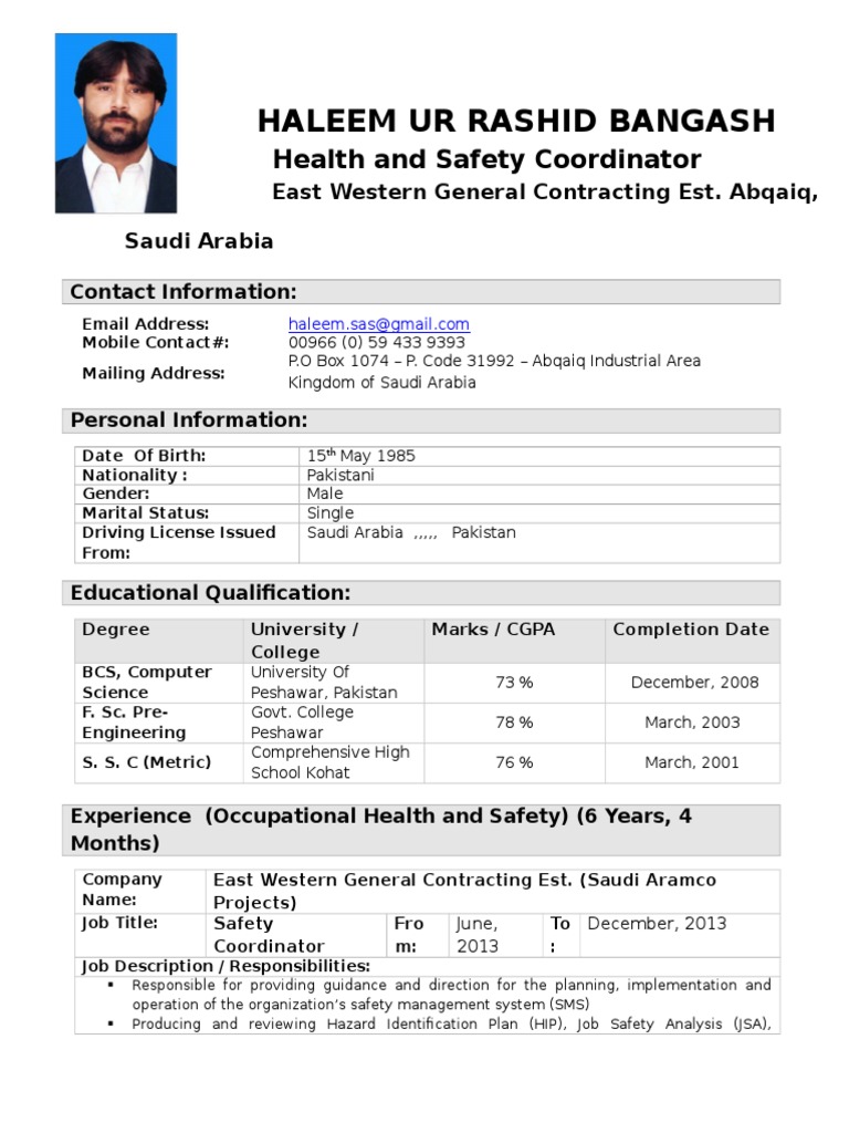 CV Haleem June 2015 Sent To CCC | PDF | Risk Management | Safety