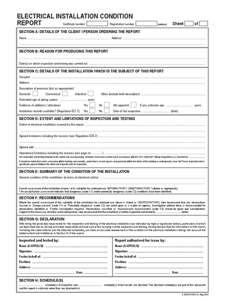 Example Electrical Installation Condition Report  PDF In Electrical Installation Test Certificate Template