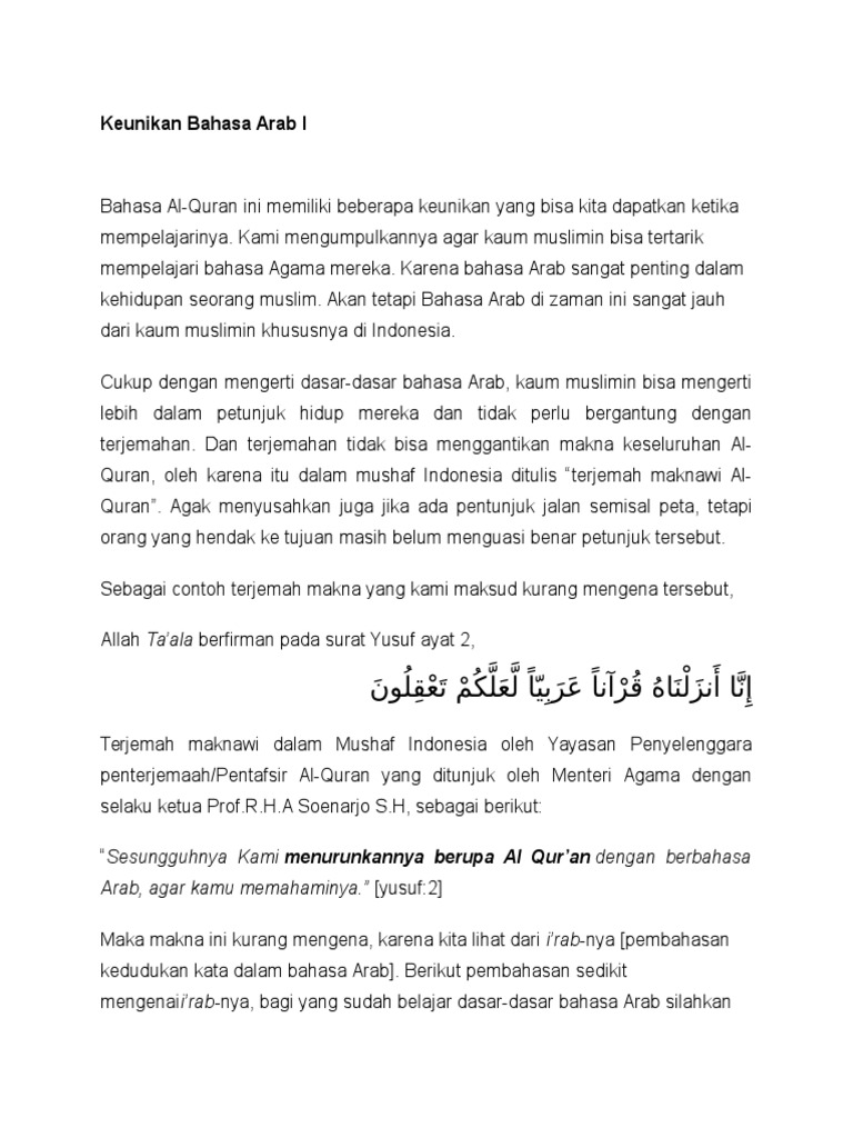 Keunikan Bahasa Arab Dan Faidah