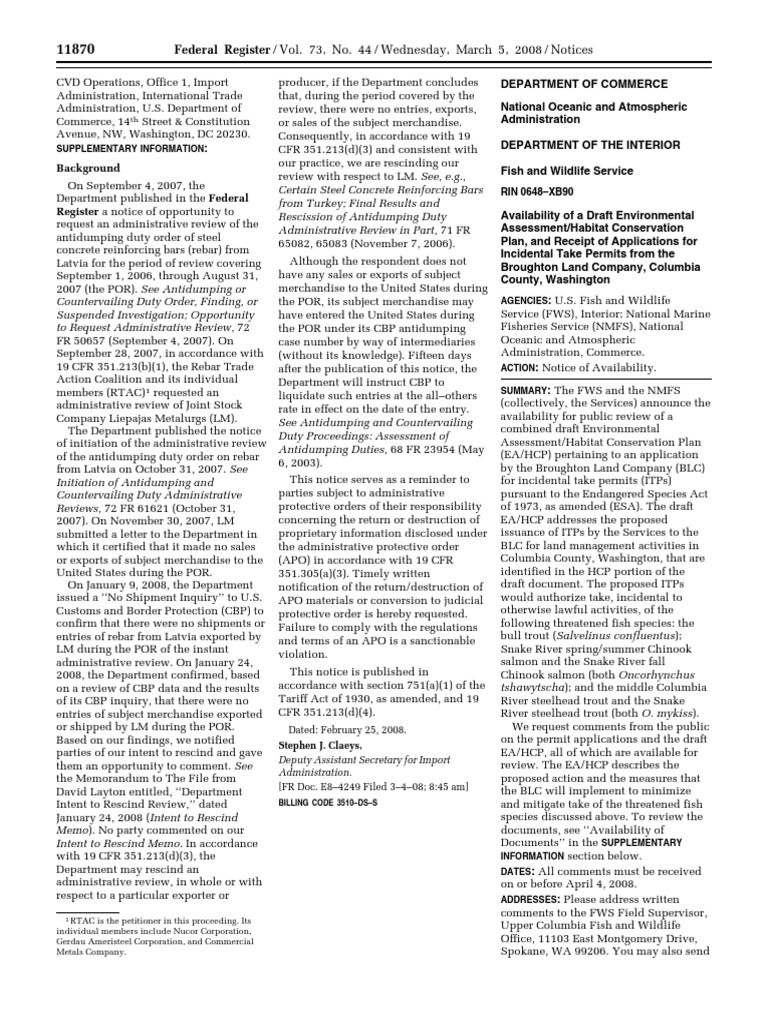 Notice Draft Environmental Assessment/Habitat Conservation Plan, and