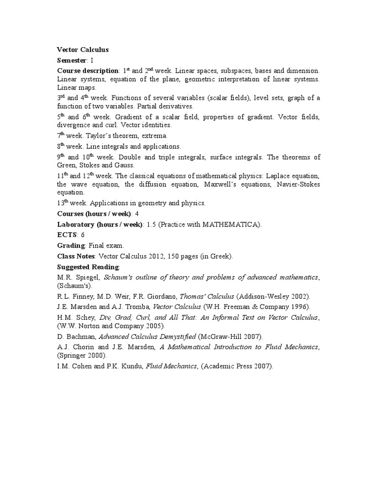 Vector Calculus Course Overview | PDF