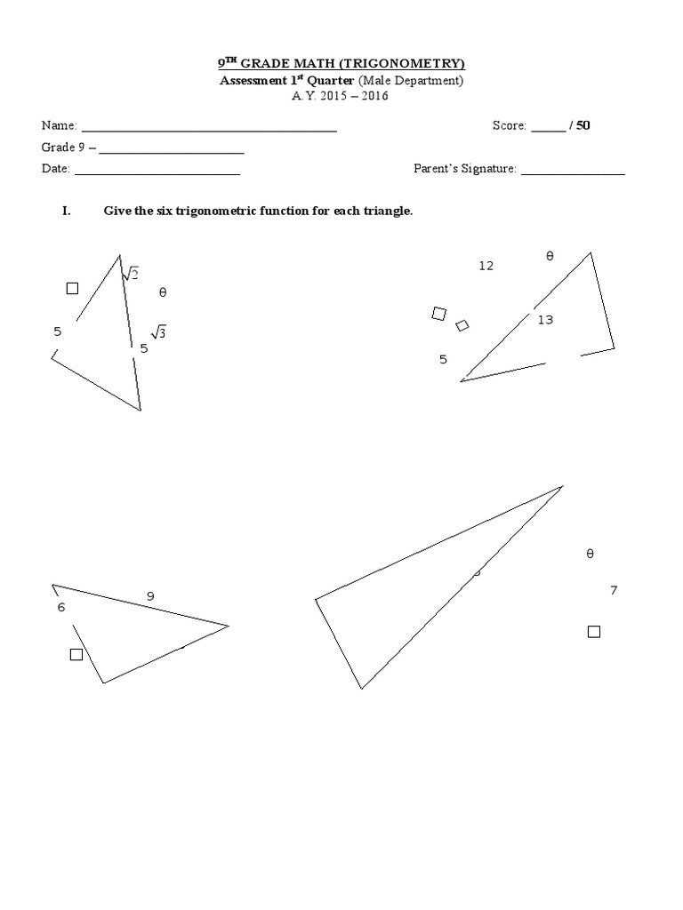9 Grade Math (Trigonometry) Assessment 1 Quarter (Male Department ...