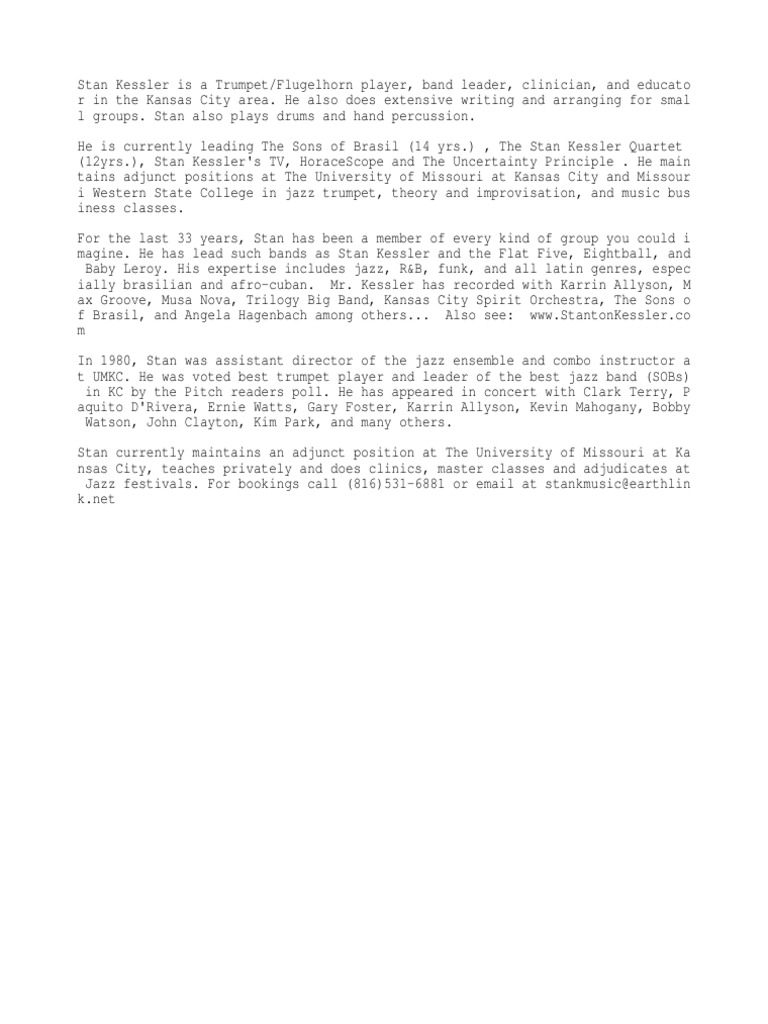 Trumpeter Stan Kessler - Biography Information | PDF | Religion ...