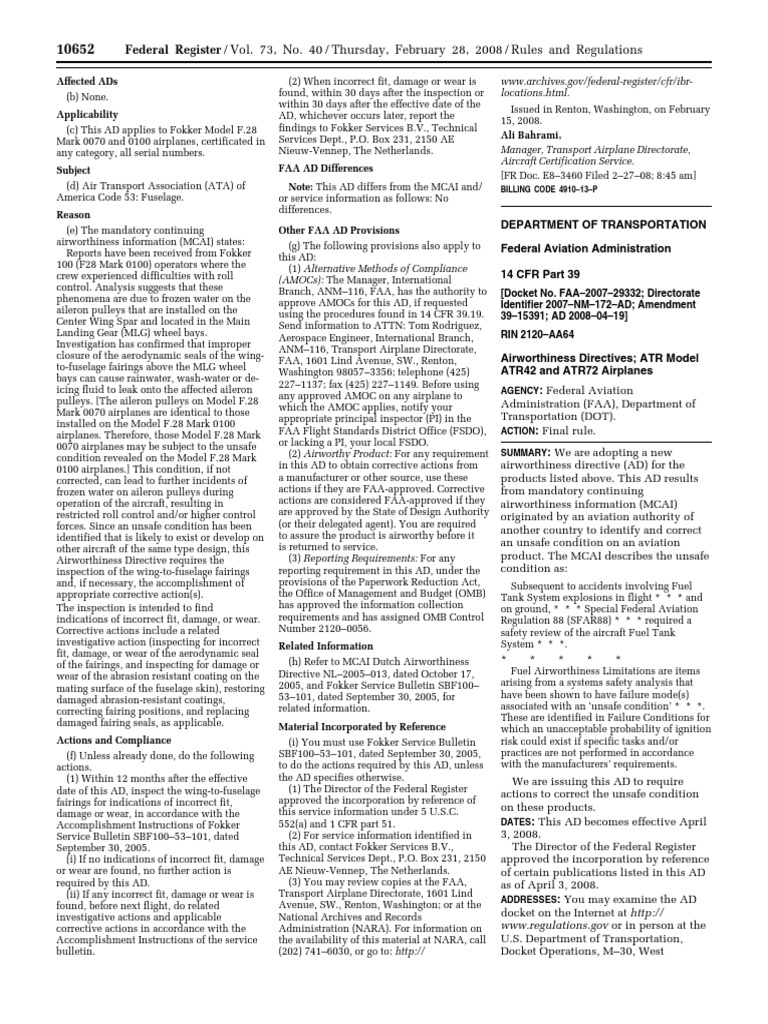 Fokker F.28 Airworthiness Directive Compliance | PDF | Federal Aviation ...