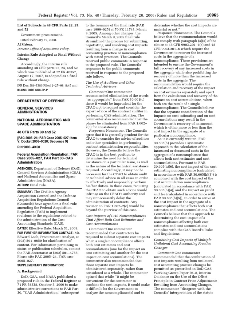 Rule: Federal Acquisition Regulation: CAS Administration, FAR Case 2005 ...