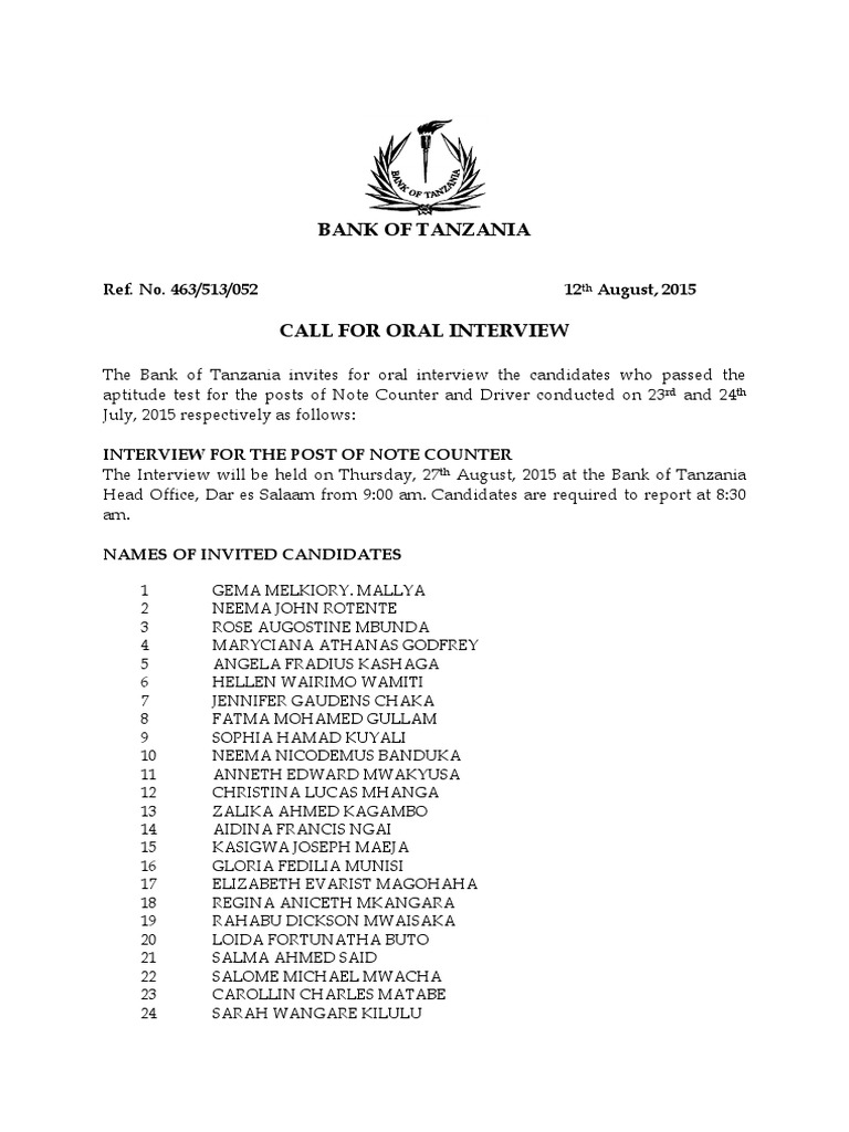 Bank of Tanzania Interview Call 2015 | PDF