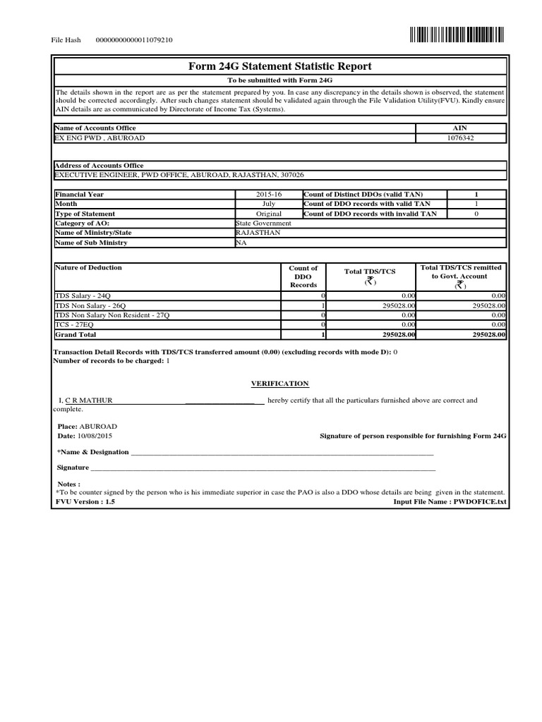 Form 24G Statement Report 2015-16 | PDF