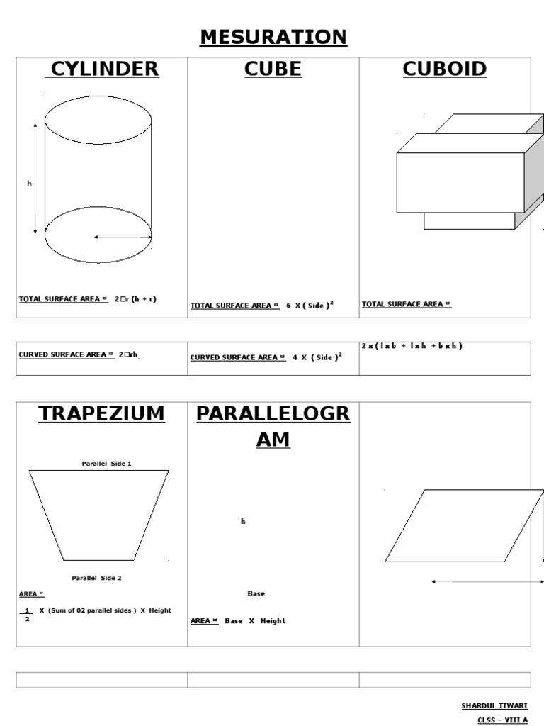 Mesuration Cylinder Cube Cuboid | PDF