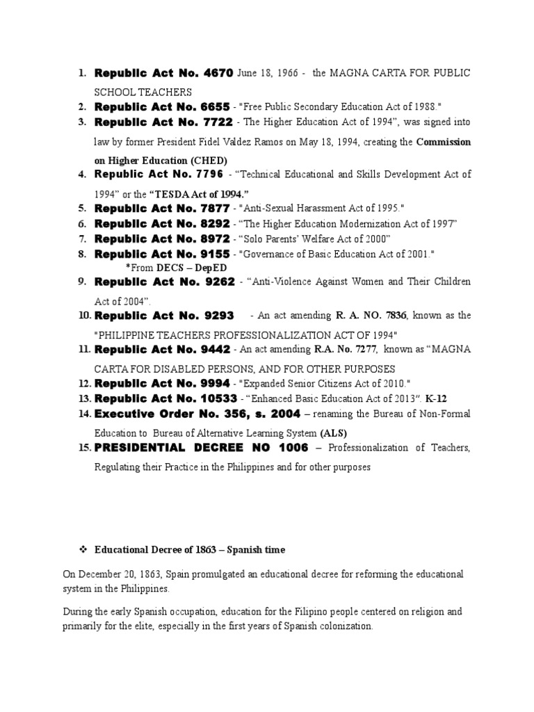 A Comprehensive Review of Major Philippine Education Laws and Decrees
