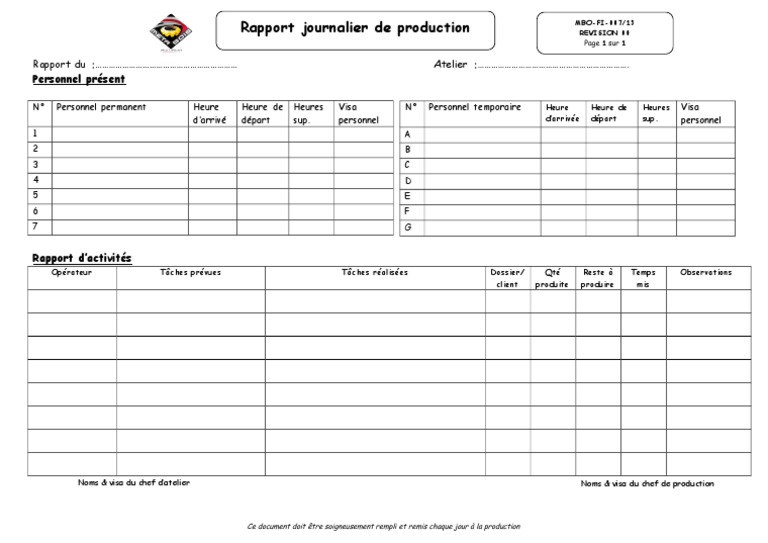 Fiche De Suivi De Production Journaliere Excel