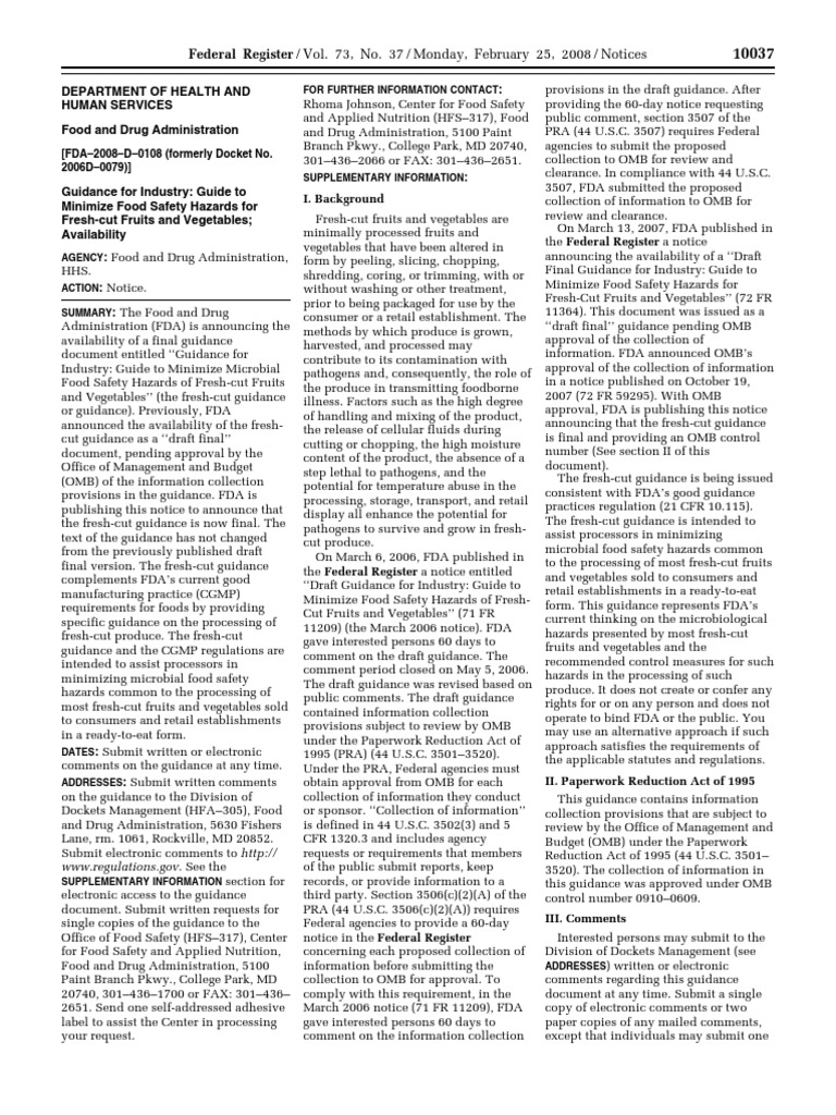 Notice Guidance For Industry Guide To Minimize Food Safety Hazards