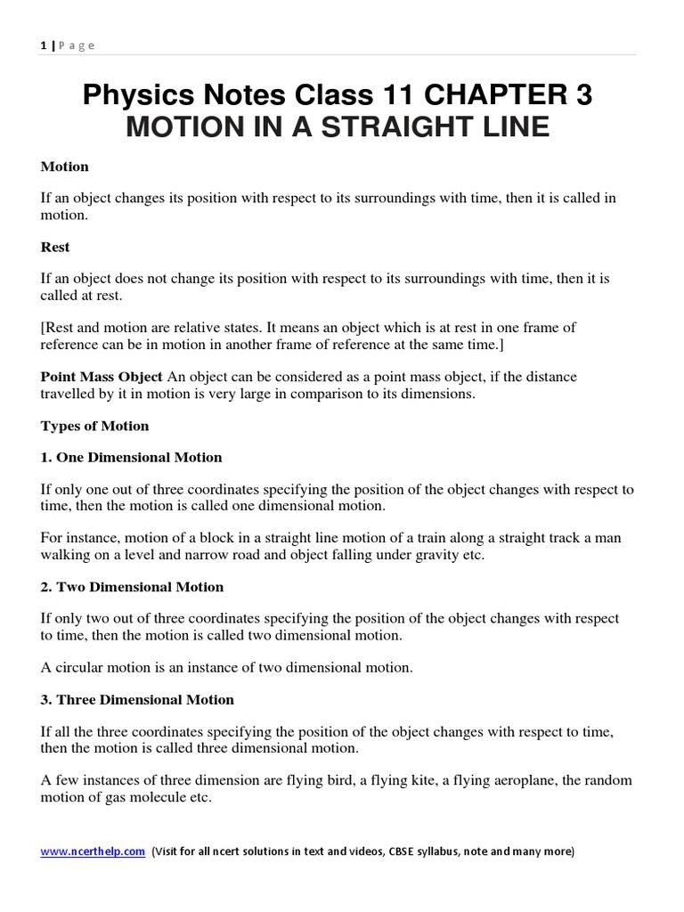 Physics Notes Class 11 Chapter 3 Motion in a Straight Line Velocity
