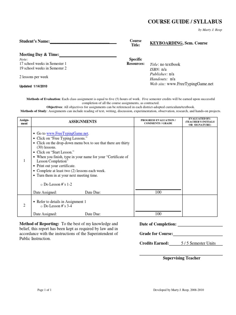 Keyboarding Course Syllabus & Assignments | PDF | Syllabus | Curriculum