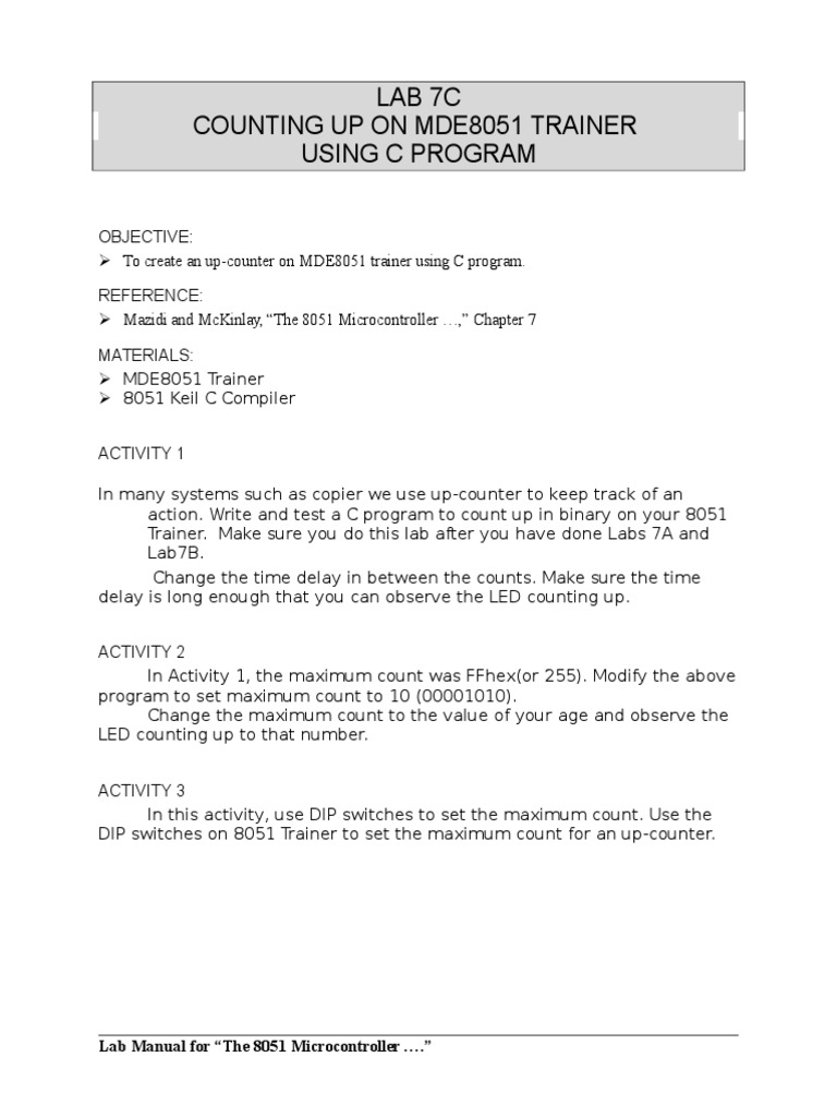 Lab 7C Counting Up On Mde8051 Trainer Using C Program: Lab Manual For ...