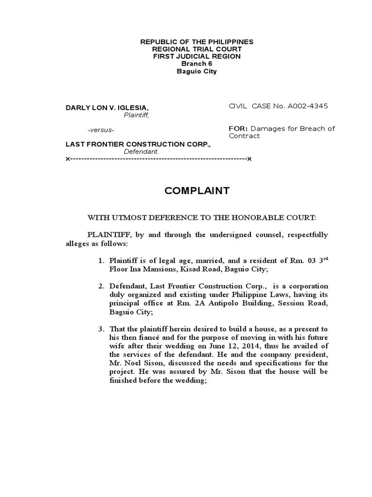 complaint breach of contract draft | pdf | damages | liquidated