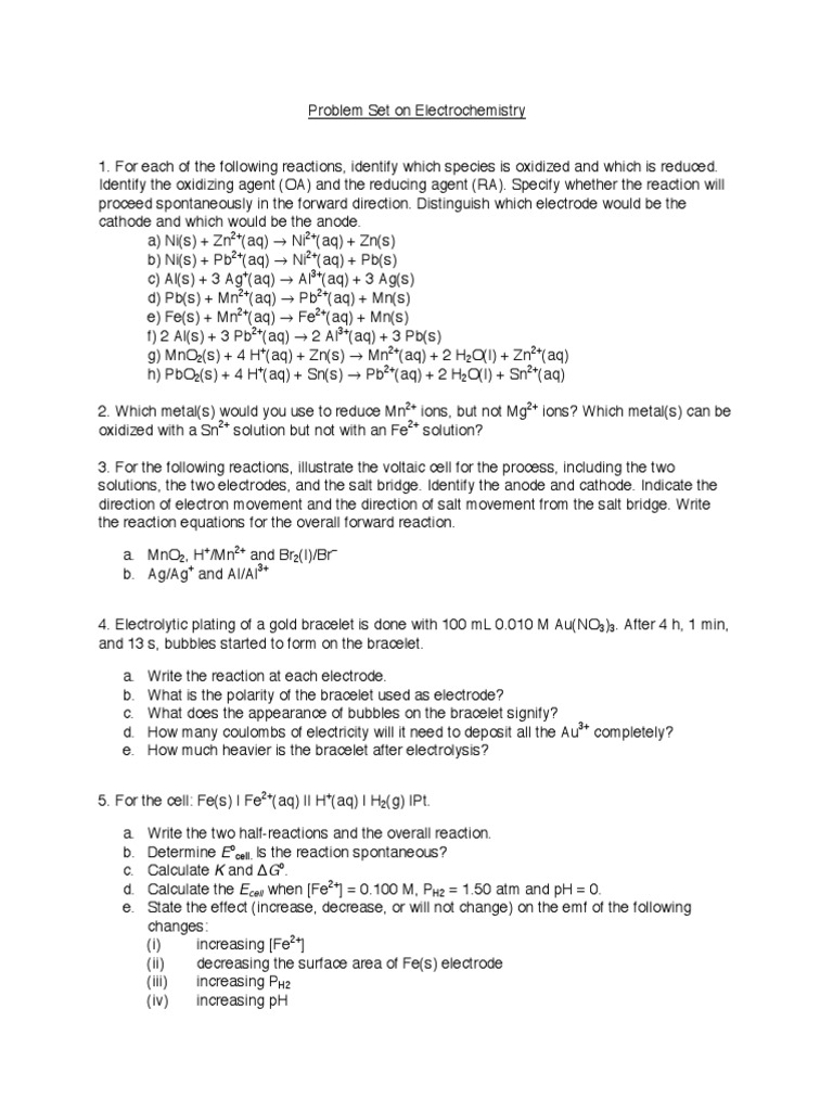 Problem Set On Electrochemistry PDF Redox Electrochemistry