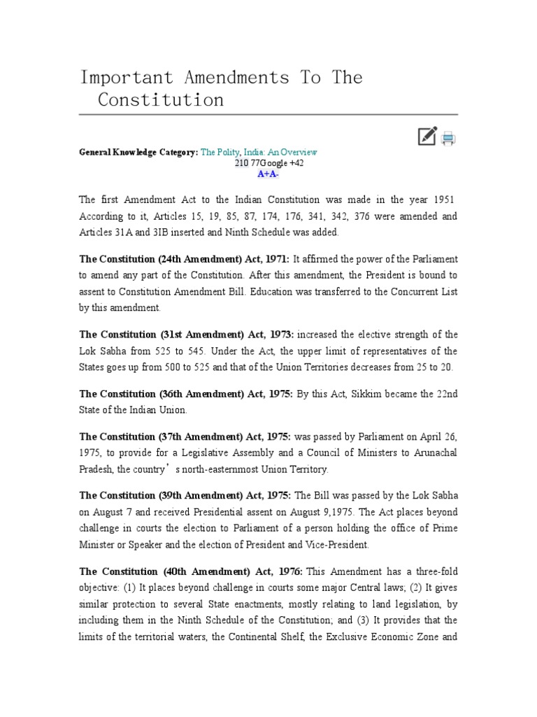 Important Amendments To The Constitution PDF Act Of Parliament
