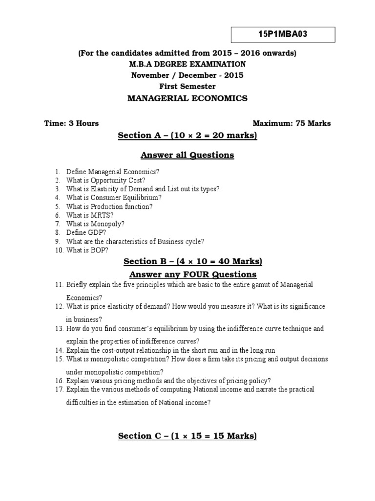 MBA Managerial Economics Exam Paper | PDF | Monopoly | Economics