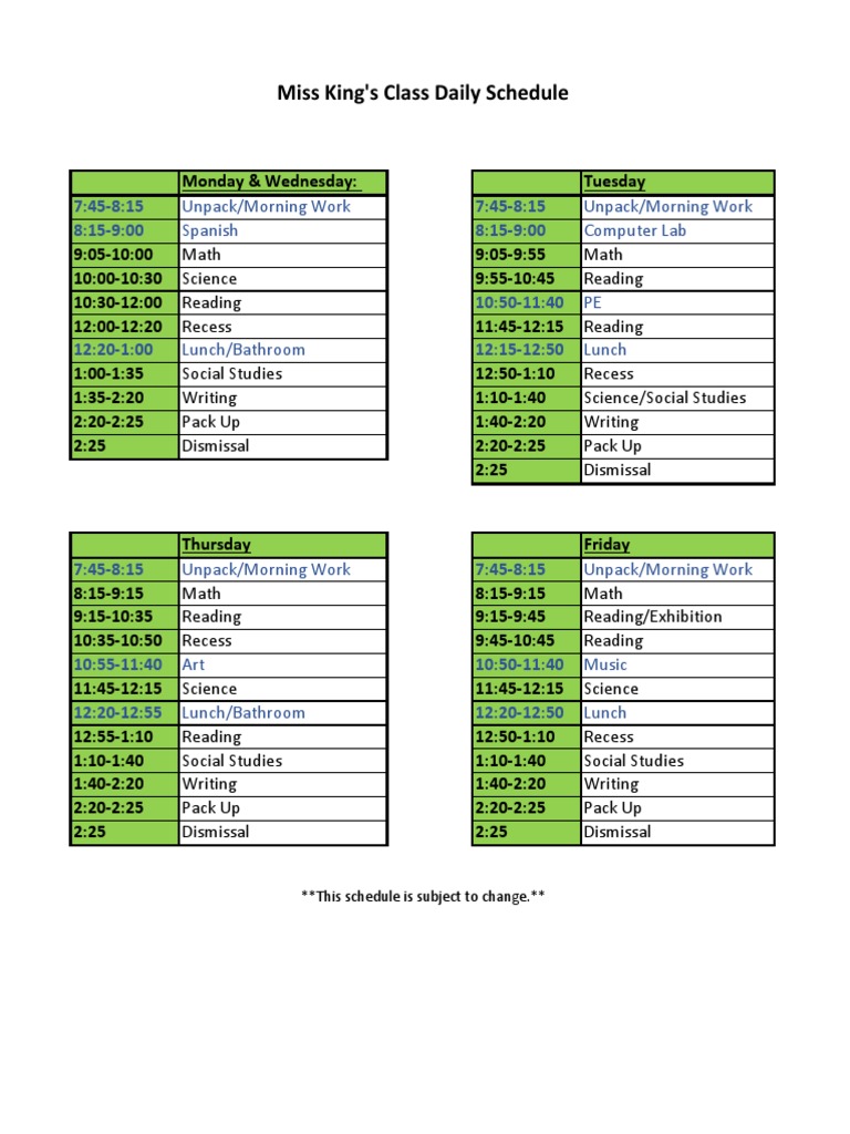 Miss King's Class Daily Schedule | PDF